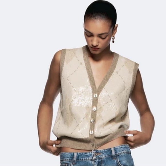 ZARA Sequin Argyle Sweater Vest Top Medium Knit beige - Picture 1 of 10